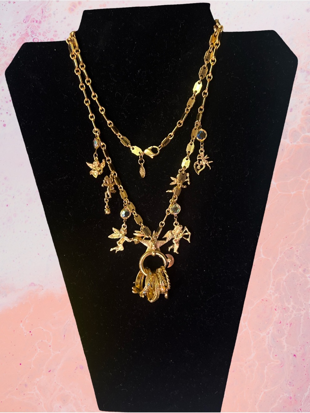 Kirks Folly Necklace Secrets of Seven Angels Stars Gold Tone Rhinestone  30”READ